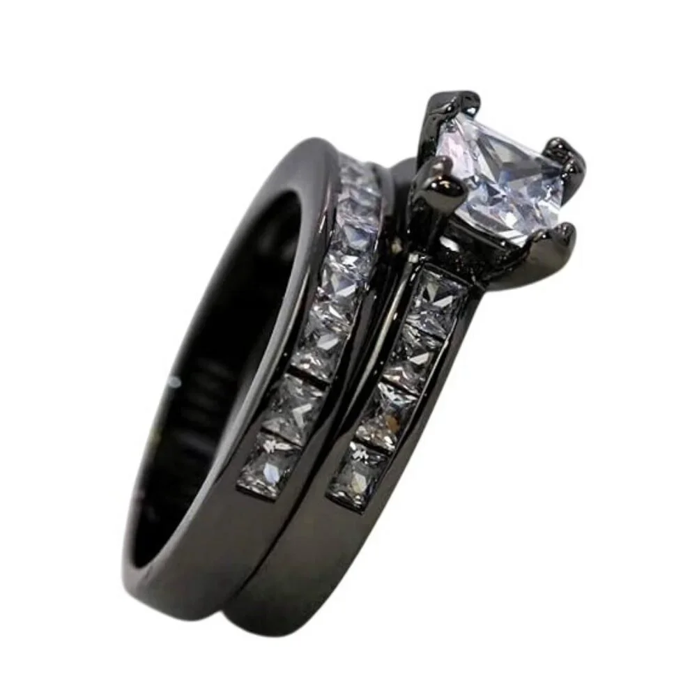 Princess Cut 6MM Black Tungsten Engagement Wedding Ring set